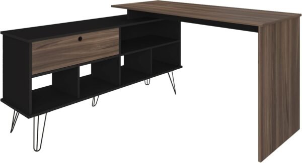 Escrivaninha em L Estilo Industrial Dubai, Pés de Metal, Preto com Ipê, Artany - Imagem 11