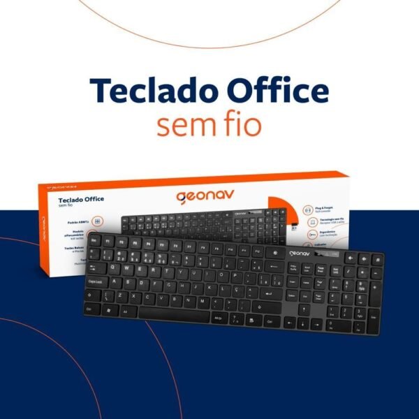 Geonav Teclado sem fio, 108 teclas, Alfanúmerico, Padrão ABNT2, Teclas baixas e macias, Ergonômico com inclinação, Indicador de bateria, OFTCW01, Preto - Imagem 3