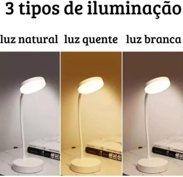 Luminária de Mesa LED Flexível Recarregável Sem Fio Cabo USB Para Carregamento e 3 Níveis de Luminosidade Botão Touch Estudo Leitura Trabalho Premium - Imagem 3