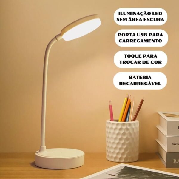 Luminária de Mesa LED Flexível Recarregável Sem Fio Cabo USB Para Carregamento e 3 Níveis de Luminosidade Botão Touch Estudo Leitura Trabalho Premium - Imagem 4