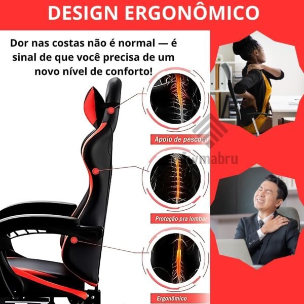 Cadeira Gamer Ergonômica Reclinável em Couro Sintético – Vermelha e Preta, Confortável com Apoio de Braço, Ajuste de Altura, Ideal para Jogos, Escritório e Home Office - Imagem 4