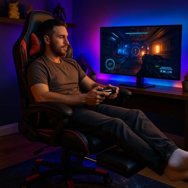 Cadeira Gamer Ergonômica Reclinável em Couro Sintético – Vermelha e Preta, Confortável com Apoio de Braço, Ajuste de Altura, Ideal para Jogos, Escritório e Home Office - Imagem 8