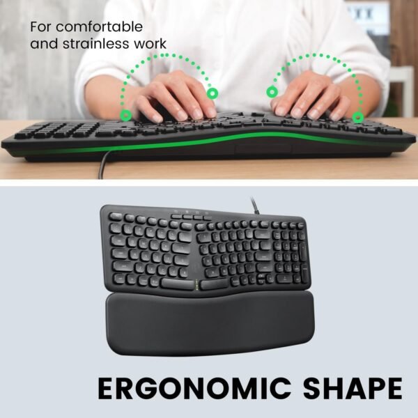 Perixx PERIBOARD-536B US, teclado USB compacto ergonômico com fio - dimensão de 41,5 x 14,5 x 4,1 cm - teclado numérico embutido - descanso de pulso removível - digitação silenciosa - preto - Imagem 4