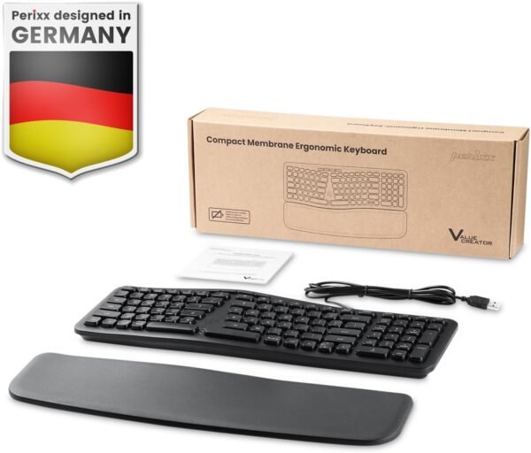 Perixx PERIBOARD-536B US, teclado USB compacto ergonômico com fio - dimensão de 41,5 x 14,5 x 4,1 cm - teclado numérico embutido - descanso de pulso removível - digitação silenciosa - preto - Imagem 9