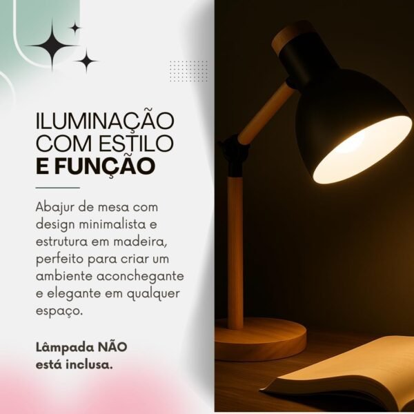 Luminária de Mesa Retrátil com Base de Madeira | Design Moderno, Ajustável e Compacto – Ideal para Escritório e Estudo (Preto) - Imagem 3