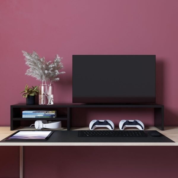 Suporte Organizador para Monitor de Computador, Prateleiras Ajustáveis, Preto - Imagem 2