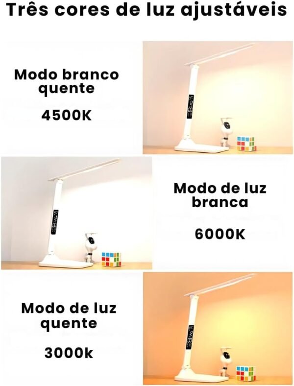 Luminária LED de Mesa para Leitura com Relógio Digital e Porta Canetas, Luminária Multifuncional com Ângulo Ajustável e Controle de Luz, Estudo, Dormitório, Escritório, Quarto, Decoração - Imagem 8