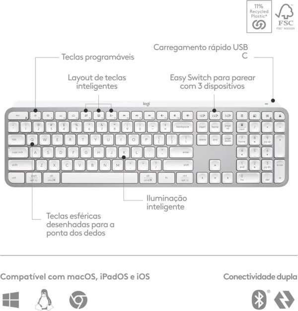 Teclado sem fio Logitech MX Keys S com Clique Silencioso, Teclas Programáveis, Iluminação Inteligente, Conexão Bluetooth ou Receptor USB Logi Bolt e Bateria Recarregável - Cinza Claro - Imagem 6