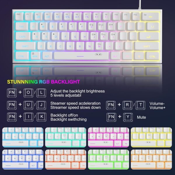 MageGee Mini teclado 60% para jogos, teclado retroiluminado RGB 61 teclas ultracompacto, teclado ergonômico à prova d'água TS91 para computador, Mac, PS4, Xbox ONE gamer (branco) - Imagem 3