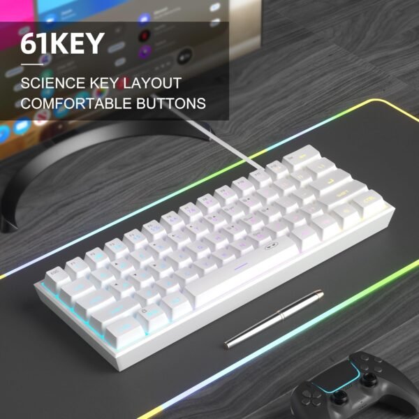MageGee Mini teclado 60% para jogos, teclado retroiluminado RGB 61 teclas ultracompacto, teclado ergonômico à prova d'água TS91 para computador, Mac, PS4, Xbox ONE gamer (branco) - Imagem 5