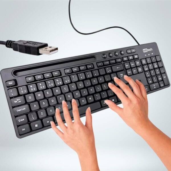 Teclado Usb Multimidia Office com Suporte para Smartphone Preto Ergonômico Casa Buritis - Imagem 3