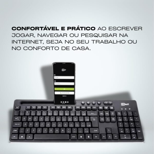 Teclado Usb Multimidia Office com Suporte para Smartphone Preto Ergonômico Casa Buritis - Imagem 4