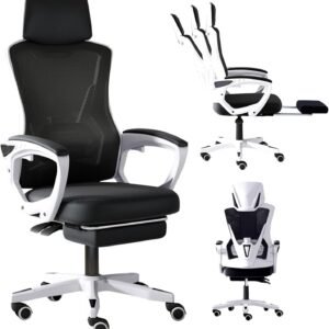 Cadeira de Escritório Ergonômica com Apoio para Pés, Encosto Reclinável, Assento Confortável, Design Moderno, Ideal para Home Office, Escritório e Gamer (Preto e branco)