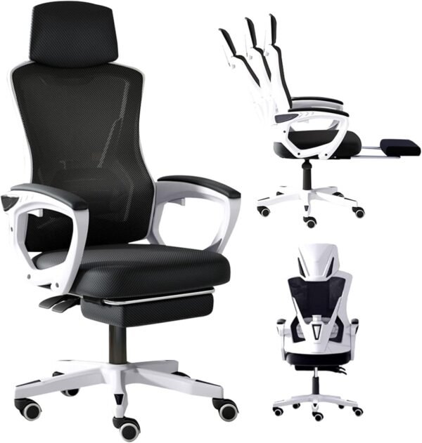 Cadeira de Escritório Ergonômica com Apoio para Pés, Encosto Reclinável, Assento Confortável, Design Moderno, Ideal para Home Office, Escritório e Gamer (Preto e branco)
