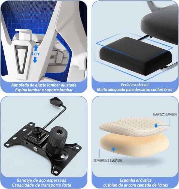 Cadeira de Escritório Ergonômica com Apoio para Pés, Encosto Reclinável, Assento Confortável, Design Moderno, Ideal para Home Office, Escritório e Gamer (Preto e branco) - Imagem 7