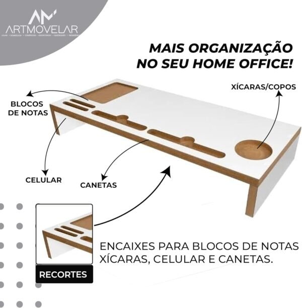 ArtMovelar - Mesa Base para Monitor - Suporte para Computador com Apoio para Objetos - Suporte de Monitor e TV, Organizador de Mesa, Home Office - Branco - Imagem 3