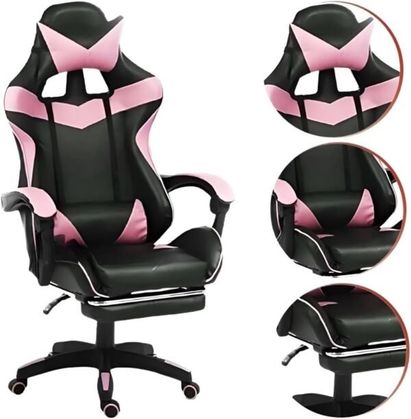 Cadeira Escritório Gamer Ergonômica Reclinável Confortável Com Rodinha E Apoio Para Os Pés(Rosa) - Imagem 5
