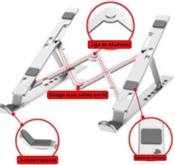 Suporte para Notebook de Aluminio Ajustável Dobrável Portatil Metal Resistente Reforçado altura regulavel compativel ate 15.6 polegadas Regulavel Ergonomico AlphaDomus - Imagem 4