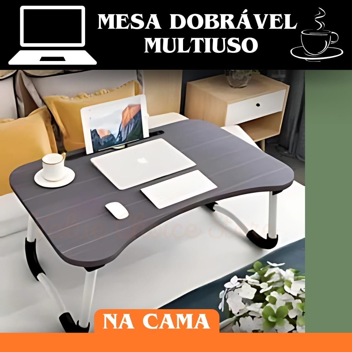 Mesa Mesinha Dobrável Portátil Para Notebook, Laptop, Macbook, Tablet, Monitor, PC, Home Office, Estudo, Cama, Refeição, Sofá, Porta Copo, Resistente, Antideslizante, Leve, Prático (Note Até 15,6”). - Imagem 3