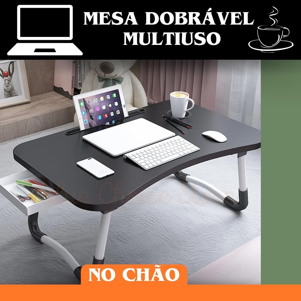 Mesa Mesinha Dobrável Portátil Para Notebook, Laptop, Macbook, Tablet, Monitor, PC, Home Office, Estudo, Cama, Refeição, Sofá, Porta Copo, Resistente, Antideslizante, Leve, Prático (Note Até 15,6”). - Imagem 4