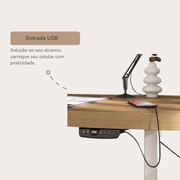 Mesa para Escritório com Regulagem de Altura Entrada Usb Ergonômica em Tamburato Olmo - Imagem 5