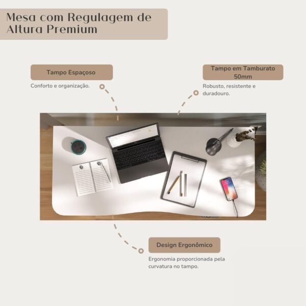 Mesa para Escritório com Regulagem de Altura Entrada Usb Ergonômica em Tamburato Olmo - Imagem 9