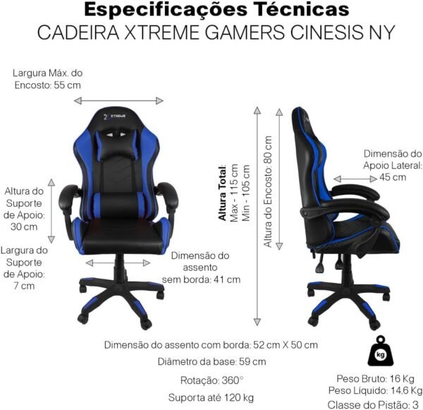 Cadeira Xtreme Gamers Cinesis Giratória Reclinável Altura Ajustável Preta e Azul - Imagem 3