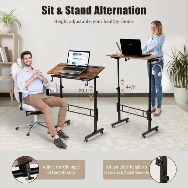 SIDUCAL Mesa de pé ajustável em altura com mesa inclinável, mesa de laptop com estação de carregamento, mesa de suporte portátil com rodas, marrom rústico - Imagem 3