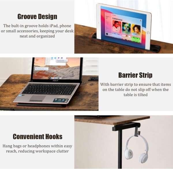 SIDUCAL Mesa de pé ajustável em altura com mesa inclinável, mesa de laptop com estação de carregamento, mesa de suporte portátil com rodas, marrom rústico - Imagem 5
