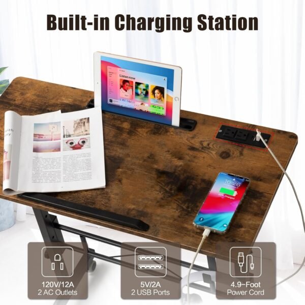 SIDUCAL Mesa de pé ajustável em altura com mesa inclinável, mesa de laptop com estação de carregamento, mesa de suporte portátil com rodas, marrom rústico - Imagem 5