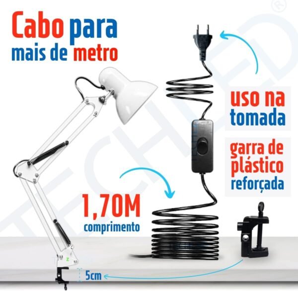 Luminaria pixar Mesa Articulada Escritorio regulavel Leitura Base metal Articulavel Branca - Imagem 4