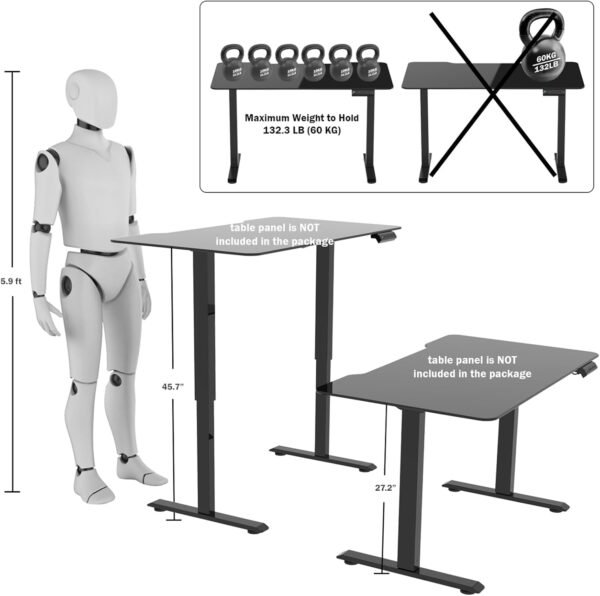 Aldeepo Moldura de mesa de computador ajustável elétrica, pernas de mesa ajustáveis em pé, apenas base de mesa em pé, moldura de mesa para casa e escritório (preto) - Imagem 3