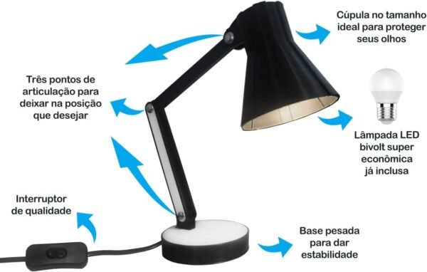 Luminária Abajur Articulada De Mesa Sala Quarto - Abajur Tipo Pixar Com Base (Salmao) - Imagem 3