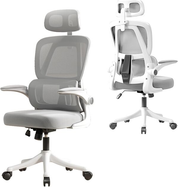 Cadeira de Escritório Ergonômica, Suporta 120kg, Encosto de Malha Respirável, Apoio Lombar, Assento de Látex, Apoio de Cabeça Ajustável, Braço Rebatível (Cinza)