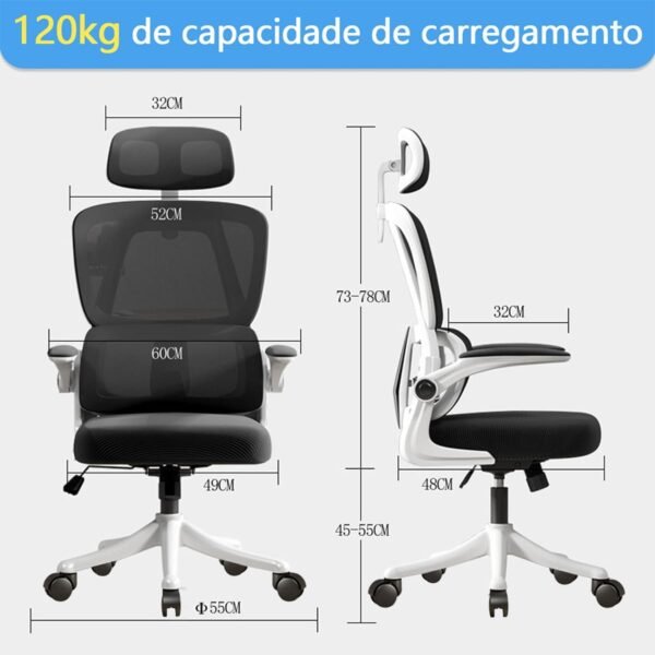 Cadeira de Escritório Ergonômica, Suporta 120kg, Encosto de Malha Respirável, Apoio Lombar, Assento de Látex, Apoio de Cabeça Ajustável, Braço Rebatível (Cinza) - Imagem 3
