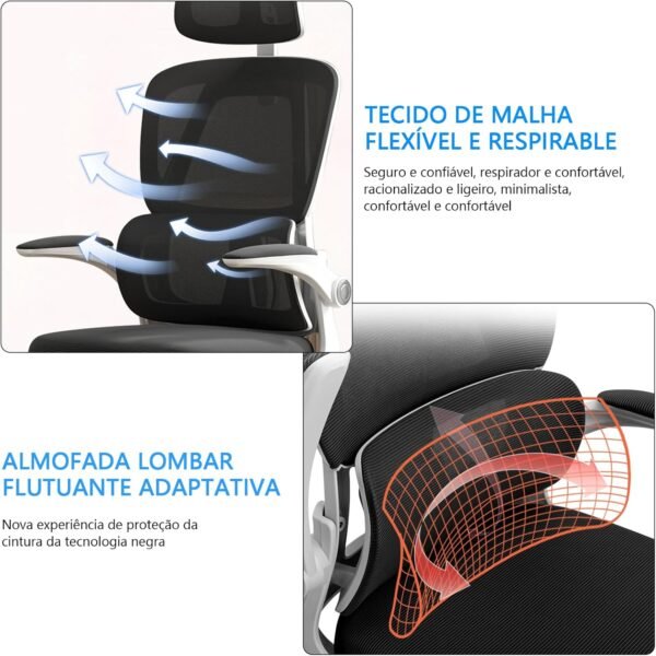 Cadeira de Escritório Ergonômica, Suporta 120kg, Encosto de Malha Respirável, Apoio Lombar, Assento de Látex, Apoio de Cabeça Ajustável, Braço Rebatível (Cinza) - Imagem 4