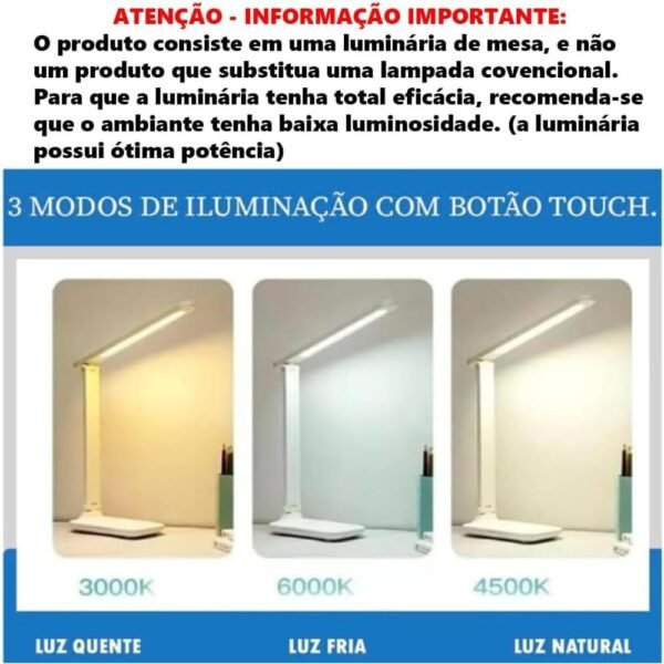 Luminária de Mesa Recarregável LED Touch com 3 Níveis de Iluminação Ajustável - Design Moderno e Portátil para Estudo, Trabalho e Leitura - Imagem 3