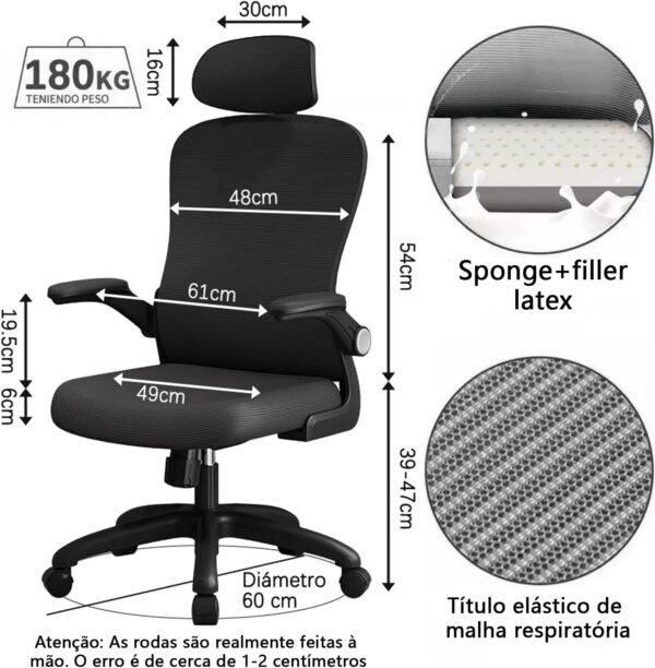 Cadeira de Escritório Ergonômica com Encosto Ajustável, Apoio de Cabeça, Suporte Lombar, Assento Confortável, Ideal para Home Office, Design Moderno e Durável (Preto) - Imagem 2