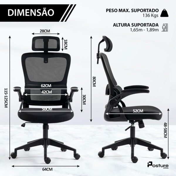 Cadeira para Escritório Presidente Giratória Ergonômica, Com Design Moderno, Estofado Confortável, Apoio Lombar Ajustável, Base Reforçada, Rodízios Silenciosos e Ajuste De Altura (Preto) - Imagem 3