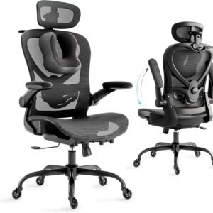LarkLeaves Cadeira Escritorio com Travesseiro para Pescoço e Encosto de Cabeça 3D, Cadeira Ergonomica com Cabide e Rodas de Borracha, Cadeira Presidente com Suporte Lombar 2D e Braços Rebatíveis,Preta