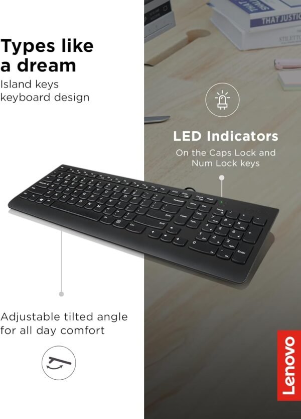 Lenovo Teclado USB 300, com fio, inclinação ajustável, ergonômico, Windows 7/8/10, GX30M39655, preto - Imagem 4