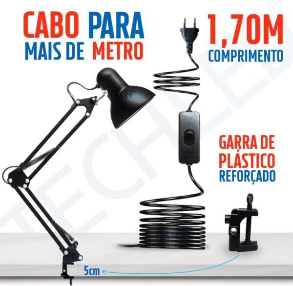 Luminária Articulada De Mesa Abajur Tipo Pixar Com Base E Garra (Preto) - Imagem 3