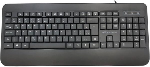 C3Tech Teclado KB-M100BK Preto layout ABNT2 USB 12 teclas de atalho multimídia ajuste de altura estrutura anti-respingo apoio de punho integrado ao teclado ergonômico Plug and Play - Imagem 3