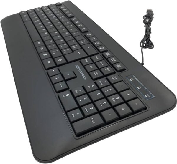 C3Tech Teclado KB-M100BK Preto layout ABNT2 USB 12 teclas de atalho multimídia ajuste de altura estrutura anti-respingo apoio de punho integrado ao teclado ergonômico Plug and Play - Imagem 4
