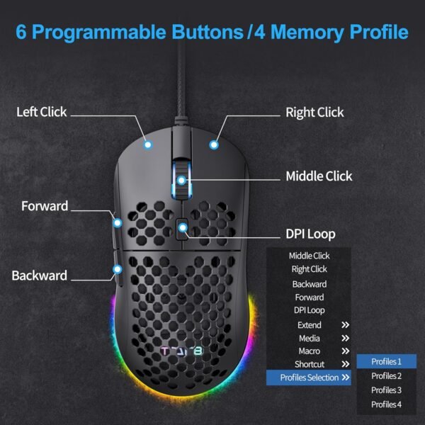 Mouse Gamer TMKB Falcon M1SE Ultraleve Honeycomb, sensor óptico de 12800DPI de alta precisão, 6 botões programáveis, RGB personalizável, mouse ergonômico para jogos com fio - preto fosco - Imagem 3