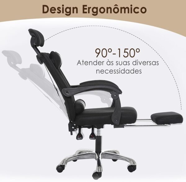 Cadeira de escritório de malha com apoio para os pés, cadeira de mesa ergonômica com apoio lombar, confortável, encosto de ângulo multi-inclinado, encosto de cabeça, preta - Imagem 3