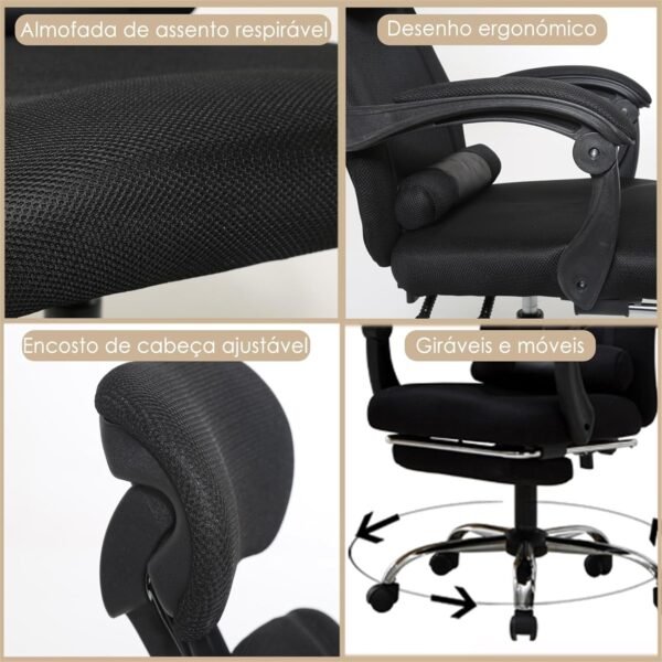 Cadeira de escritório de malha com apoio para os pés, cadeira de mesa ergonômica com apoio lombar, confortável, encosto de ângulo multi-inclinado, encosto de cabeça, preta - Imagem 4