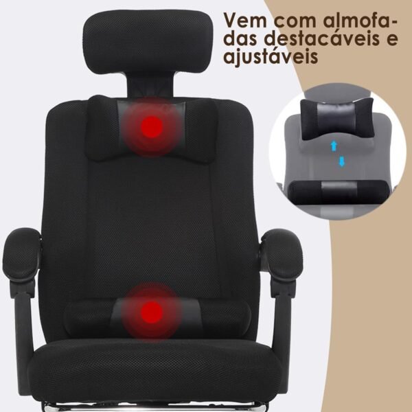 Cadeira de escritório de malha com apoio para os pés, cadeira de mesa ergonômica com apoio lombar, confortável, encosto de ângulo multi-inclinado, encosto de cabeça, preta - Imagem 5