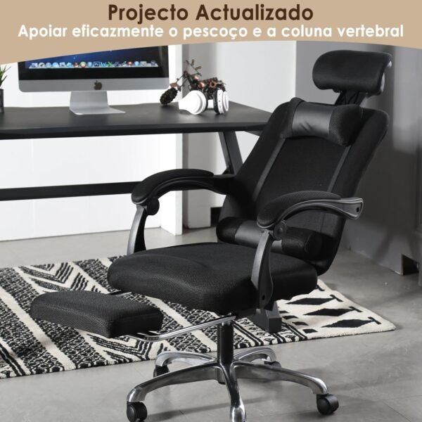 Cadeira de escritório de malha com apoio para os pés, cadeira de mesa ergonômica com apoio lombar, confortável, encosto de ângulo multi-inclinado, encosto de cabeça, preta - Imagem 6
