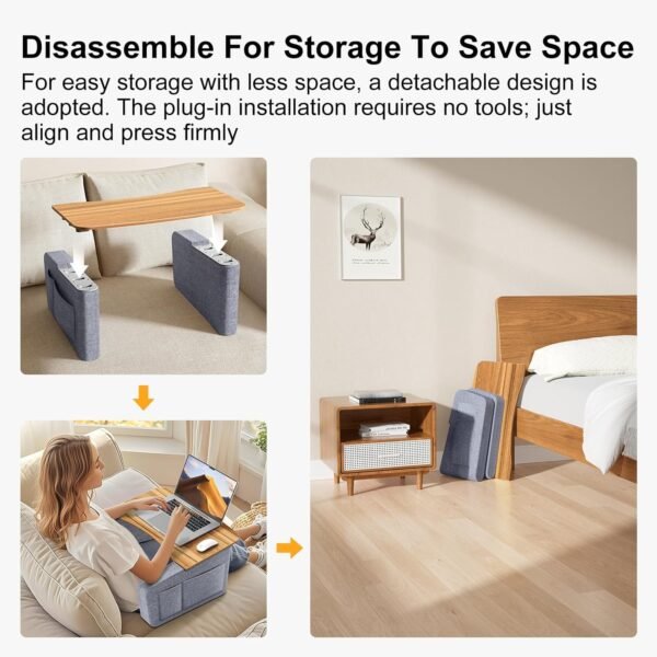 Almofada de mesa de colo com parte superior de madeira, almofada de leitura grande para cama, mesa de laptop para sofá, cinza - Imagem 8
